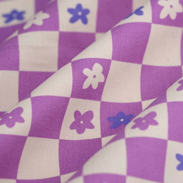 Tissu popeline coton damier fleur rose orange