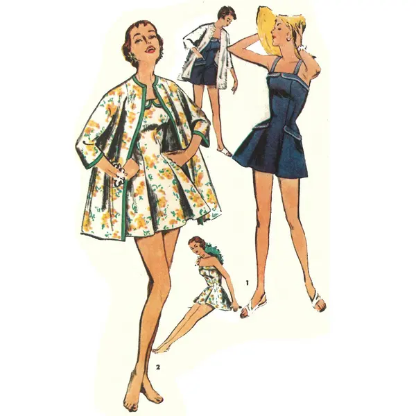 Modèle de couture des années 1950 : maillot de bain jupe et manteau de plage. Pin Up - Multi-tailles