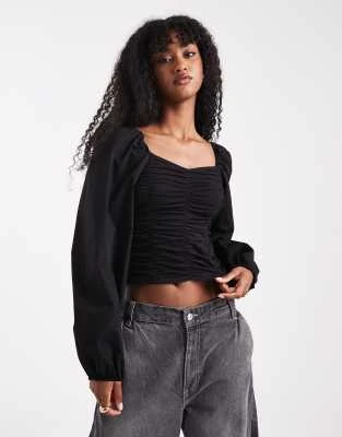 Pieces - Blouse froncée à manches longues - Noir