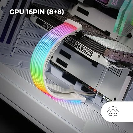 Mars Gaming MCA-16X, Câble d'Alimentation ARGB 16PIN (8+8) PCIe pour Carte Graphique, LED Ultra-lumineuses, Éclairage ARGB Synchronisé, Câble Monocouche Silicone Flexible avec Bande Lumineuse Latérale