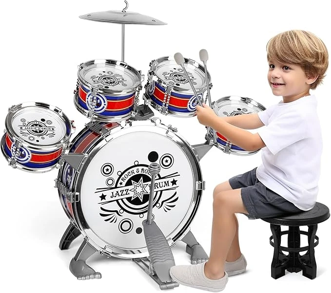 Kit de Batterie pour Enfants, Batterie Jazz Set 5 Tambour avec Tabouret, Percussion Musique Tambour Jazz Drum Set Cadeau Anniversaire Enfant Noël pour Les Enfants à Partir de 3 4 5 6 Ans