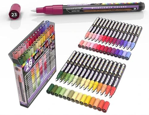 Marqueurs de peinture acrylique Wildflower Colors Studio Color Series - Paquet de 28 - Pointe extra fine de 0,7 mm - Peinture sur roche, verre, tasses, bois, métal, toile, bricolage, détails - Non...