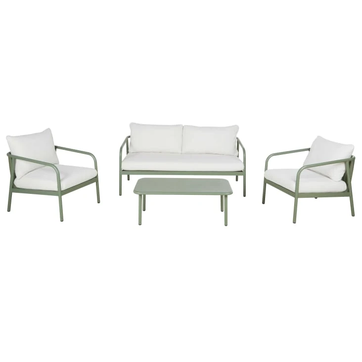 Salon de jardin 4 places en aluminium vert kaki et coussins en polyester recyclé écru