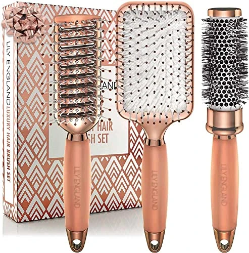 3x Brosse à Cheveux. Inclus Brosses Ronde, Plate et Squelette - kit Professionnelle Idéal Pour Démêlante, Sécher et Coiffer, Lily England (Or Rose)