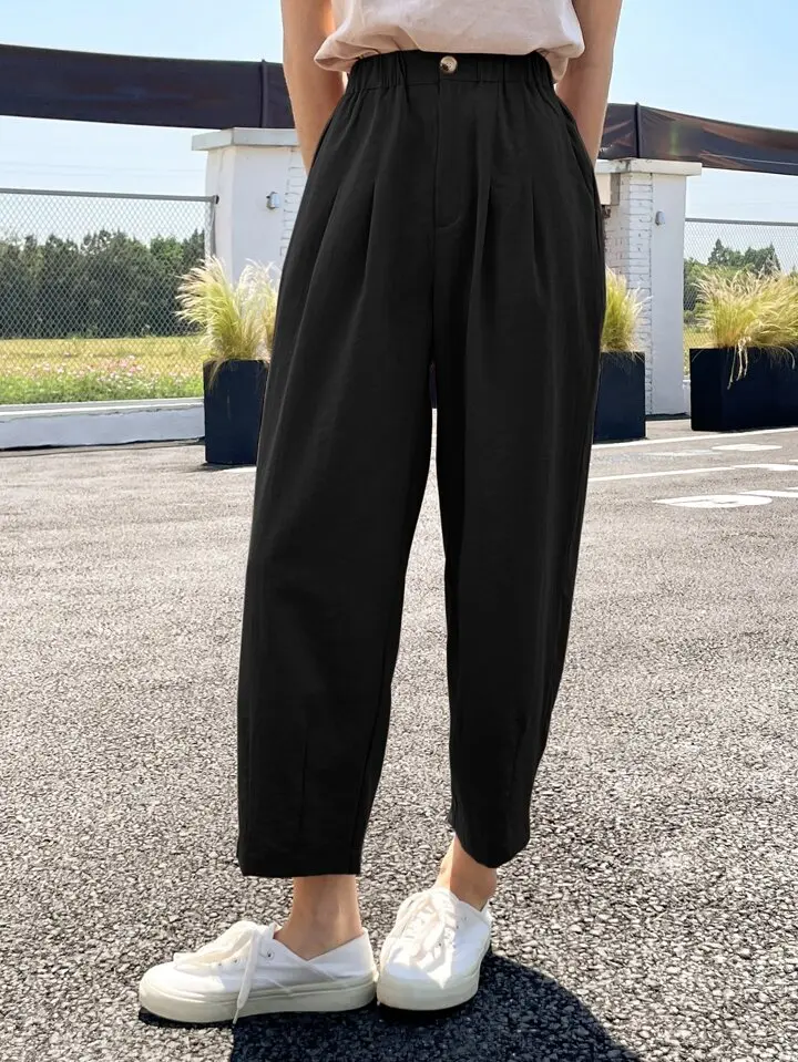 DAZY Pantalon trapÃ¨ze taille haute Ã  dÃ©tail pliÃ©