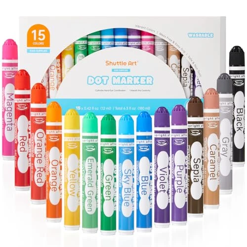 Shuttle Art Dot Marqueur à Point Lavable,15 Couleurs Dot Marker, Feutre Enfant Non Toxique, Bingo Dabber pour Création, Activité Créative pour Enfants Education Précoce