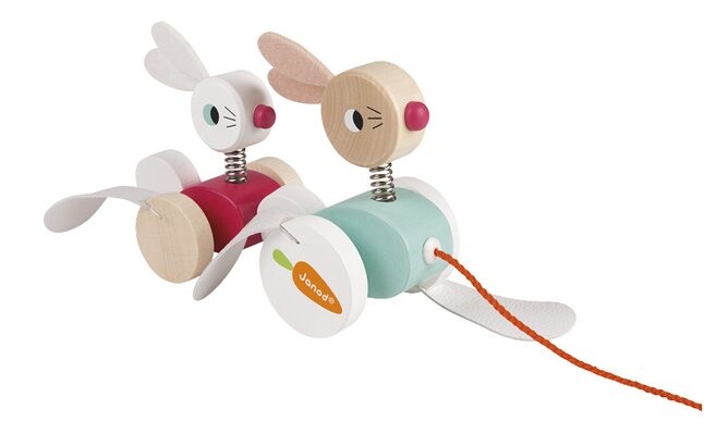 Janod jouet à tirer Lapins à promener en bois