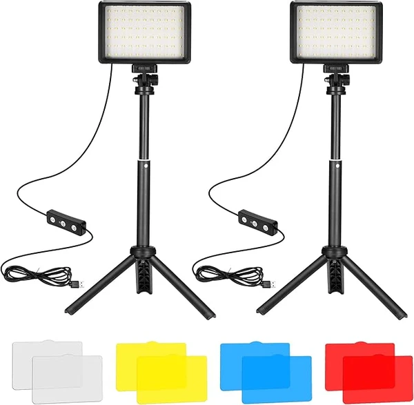 Ci-Fotto Lampes Vidéo LED 2-Pack, Panneau LED Video USB à Variable 5600K avec Mini Trépied et Filtres Colorés pour Photographie, Prise de Vue sous Angle Bas, Enregistrement Vidéo, Streaming de Jeux
