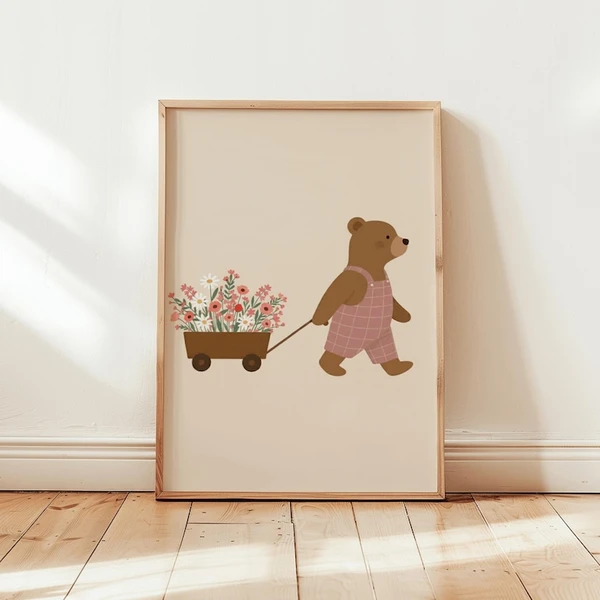 Whimsical Bear Pulling a Cart of Flowers Wall Art, Vintage Bear Nursery Print,Toddler Room Art Girls,Pink Baby Girl Nursery Wall Art,Digital