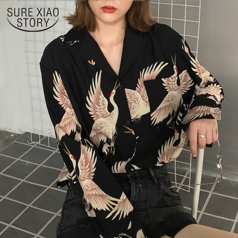 2021 printemps mode femmes Blouses chemises à manches longues en mousseline de soie Harajuku Vintage Chic grue imprimé géométrique ample Femme