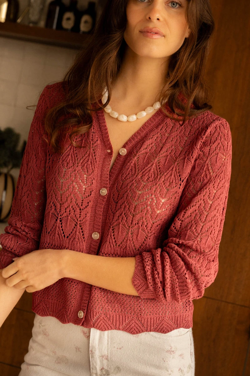 Gilet Uni En Maille Ajourée - Brick - Boutique Libertie