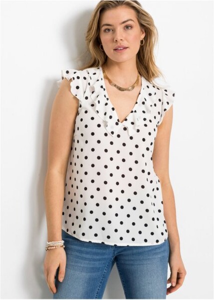 Blouse à volants blanc/noir à pois 