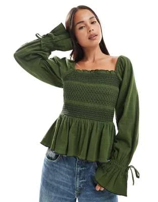 ASOS DESIGN - Top smocké à encolure carrée et coutures contrastantes - Vert