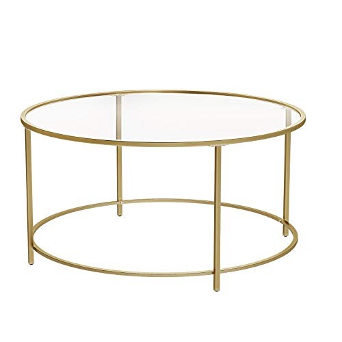 VASAGLE Table Basse Ronde, Plateau en Verre Trempé, Armature Métallique Dorée, Table de Salon, Bout de Canapé, Robuste et Stable, Décoratif, Doré LGT21G