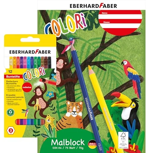 EBERHARD FABER 599048 - Set de peinture Colori avec 12 crayons de couleur et bloc à dessin DIN A4, 75 feuilles 70 g/m²