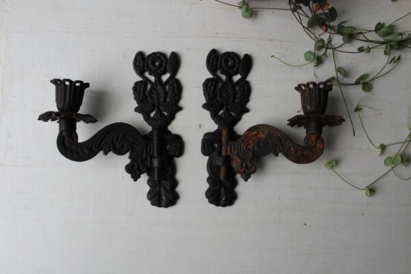 Pair Vintage Cast Iron Wall Sconce Candle Stick Holders - Swing Candlestick Holders -  Home Restoration - Iron Art