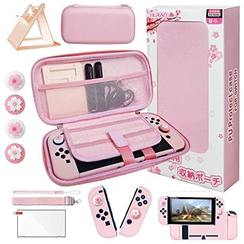 HLRAO Kit d'accessoires pour étui de transport rose Sakura compatible avec Nintendo Switch.Housse de protection pour interrupteur rose, support réglable,protecteur d'écran et jolies poignées de pouce.