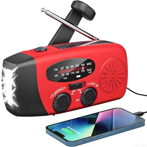 Radio Solaire d’Urgence, Radio à Manivelle Auto-alimentée avec Lampe de Poche LED, Météo AM/FM/WB avec Batterie Rechargeable 2000mAh pour Le Chargement d’Urgence du Téléphone Intelligent