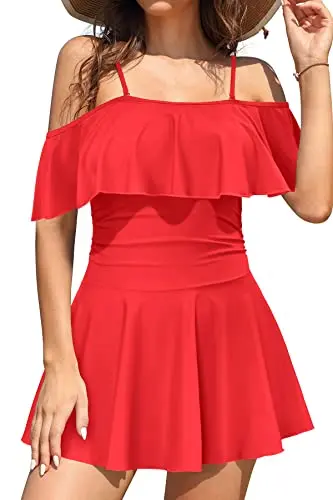 SHEKINI Maillots De Bain Femme Une Pièce avec Jupette Élégant Une Epaule Volants Abdominal Contrôle Ruched Maillot Une Pièce Robe de Plage Vintage Jupe De Bain (Rouge, L)