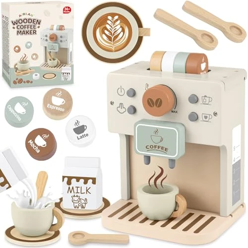 Airlab Cafetière en Bois Bébé, Jouet Jeux de Rôle Éducatif Éveil Montessori, Boulangerie Nourriture Accessoire Dinettes Cuisine, Cadeau Créatif Anniversaire Pâques Halloween Noël Garçon Fille 3+ Ans