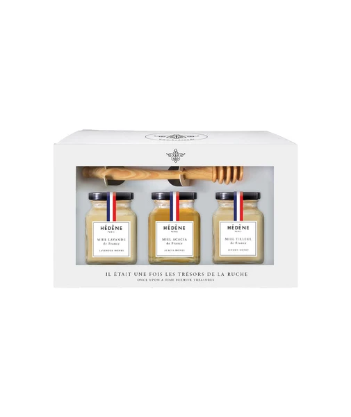 Coffret Trésors de la Ruche (miel de lavande, miel d'acacia, miel de tilleul + cuillère à miel)