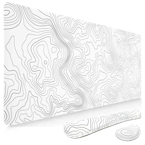 Niviy Tapis de Souris XXL Ergonomique avec 2 Repose Poignets Topographique Tapis de Souris 900X400mm Blanc Base en Caoutchouc Antidérapante Mouse Pad avec Bords Cousus 3mm