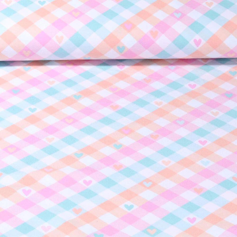 Flanelle de coton - Carreaux Coeurs Pastel
