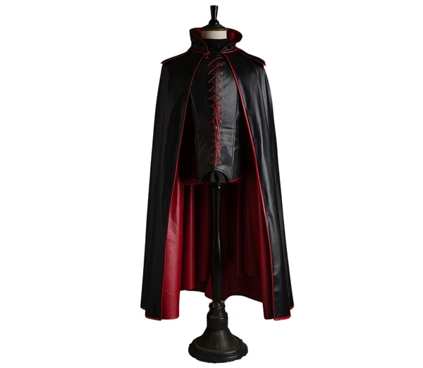 The Blood Emperor - Handmade Red & Black Leather Dracula Cloak - Leather Cloak With Vest For Devil Costume - Vampire Costume Cloak For Men
