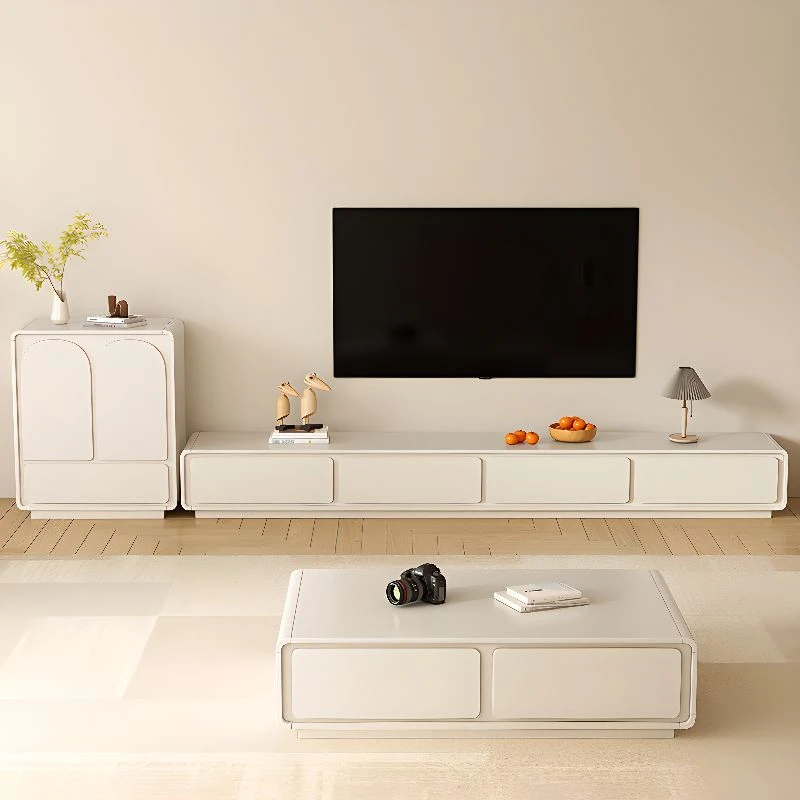 Meuble TV blanc en bois avec 3 tiroirs, 3 placards et gestion des câbles, 160cm L x 40cm l x 30cm H