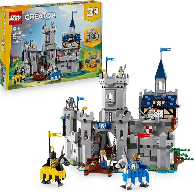 LEGO Creator 3-en-1 Le Château Médiéval des Chevaliers - Jouet se Transformant en Scène de Tournoi à Cheval ou en Village - 6 Minifigurines - Cadeau Original pour Garçon ou Fille dès 9 Ans 31168