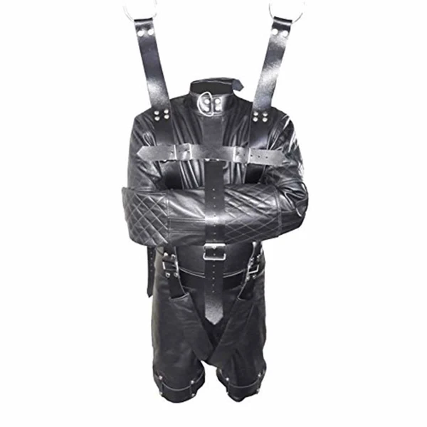 Veste droite en cuir noir pour hommes Short de bondage de chasteté Combo Zip arrière - SJ-COMBO