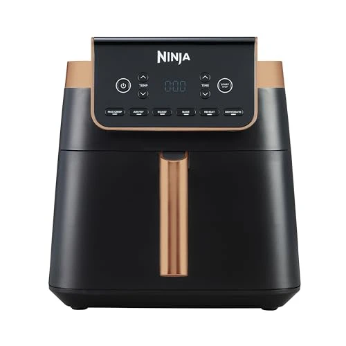 NINJA Air Fryer MAX PRO, 6,2 L, Grand tiroir, rôtir, cuire au four, frire sans huile, familial, antiadhésif, panier/plaque croustillante compatibles lave-vaisselle, pinces, noir/cuivre, AF180EUCP