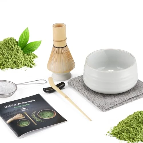 7 Piece Matcha Set, Fouet Matcha, Macha Tea Set with Matcha Spoon, Whisk Holder, Matcha Balai, Shovel, Strainer, Matcha Kit Traditional Japanese Tea Ceremony Best Gift for Lovers, Blanc pur