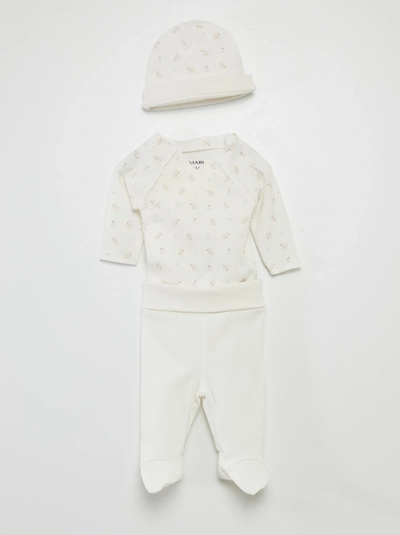 Ensemble body + pantalon avec pieds + bonnet - Blanc 'poussin'