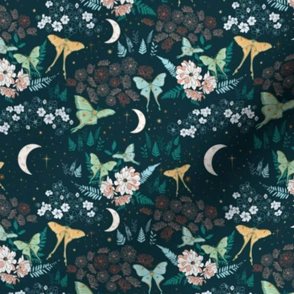 Fabric in Moonlit Luna Moth Floral - Navy Blue Teal - Small Scale