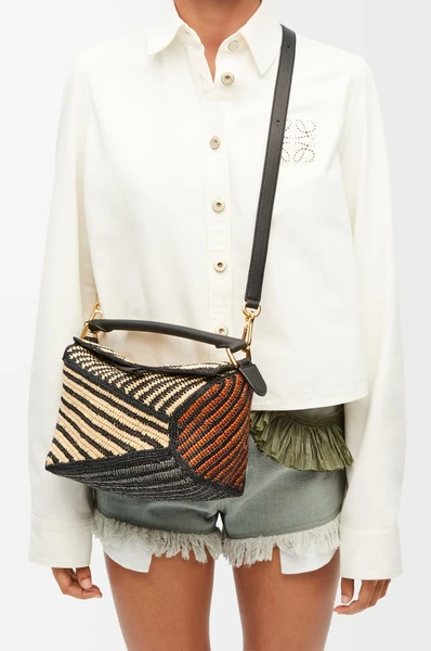 Petit sac Puzzle en raphia et cuir de veau Marron - LOEWE
