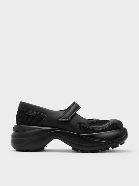 Mary Jane en maille à plateforme incurvée noir texturé | CHARLES & KEITH