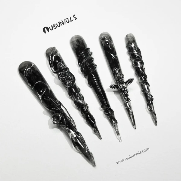 Handmade stiletto gothic press on nails for Halloween party, Y2K 3D Black punk fake nails with dark witchy snake for Cosplay, luxury nails