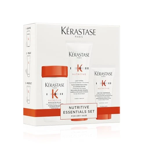 Kérastase, Coffret Découverte Nutritive, Nutrition & Brillance, Shampoing Bain Satin Riche + Après-Shampoing Lait Vital + Soin Sans Rinçage Nectar Thermique, Niacinamide, Cheveux Secs, Format Voyage