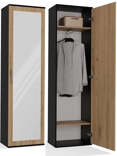 Couloir ►BDW Armoire double avec miroir, penderie moderne, multifonctionnelle, pour couloir, chambre à coucher, chambre d'enfant, 180 x 50 x 35 cm (profondeur) - Anthracite/chêne artisanal