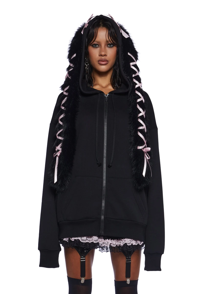 Sugar Thrillz Pastel Goth Faux Fur Ribbon Lace-Up Bunny Ear Zip-Up Hoodie - Black