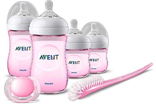 Philips Avent SCD301/03 Kit Nouveau-né , 2 Biberons 260ml + 2 Biberons 125ml + 1 Sucette + 1 Brosse Natural Rose