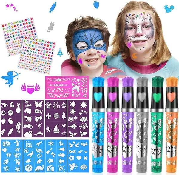 AOMIG Stylos Tatouage Enfant, 6 pcs Stylos Gel à Paillettes Tatouage Kit avec 8 Pochoirs et 2 Temporaire Strass, Stylos Tatouage Tatouage Temporaire pour Enfants, Cosplay, Halloween, Pâques, Noël