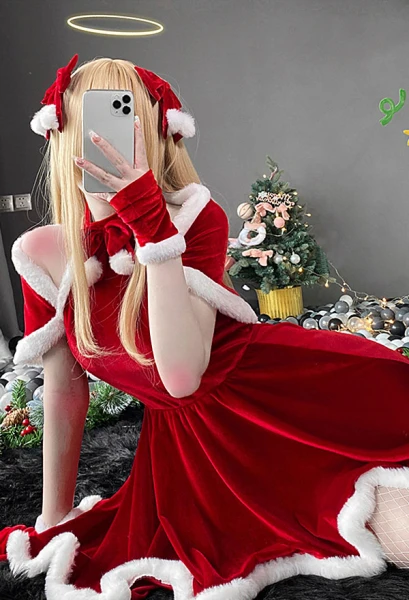 Robe Noël Rouge de Style Uniforme de Femme de Chambre en Velours