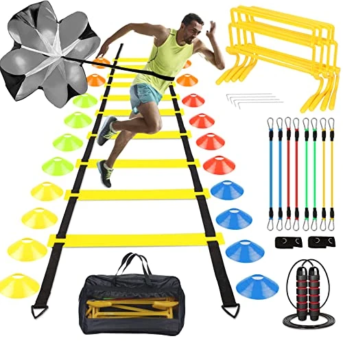 YGORTECH Entrainement Football Kit, Échelle de Rythme, Parachute de Résistance, 20 Disques de Cônes, bandes de résistance pour les jambes, 4 haies réglables, corde à sauter, Accessoire Sport Fitness