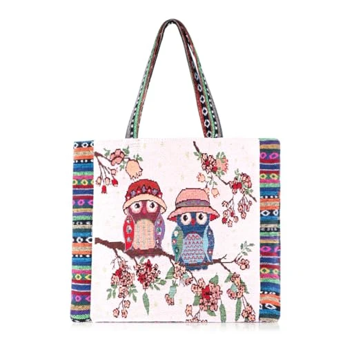 Oyachic Chouette Grand BrodéEs Femme Tote Bag Aesthetic Sac Fourre Tout Femme Bohemian Reutilisable toile Mode Femme Sac Fourre Dames pour le Shopping, L'école
