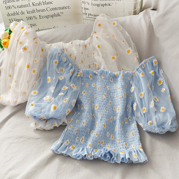 Floral Feuilletée Manches Col Carré Haut En Maille Récolte Hauts Chemisier À Volants Femmes 2020 coréen Kawaii Vêtements Blouses D'été Bleu Vintage