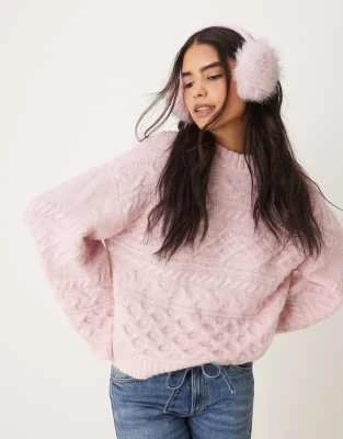 ASOS DESIGN - Pull en maille torsadée à poignets larges et détails effet 3D - Rose pastel