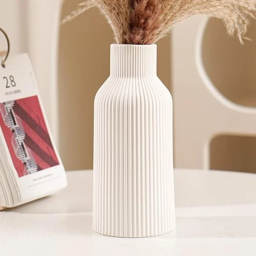 Hanaomaoyi Vase pour Herbe de la Pampa, 20 cm, en céramique, Blanc Mat, Rond, Design Moderne, bohème, esthétique, pour Salon, Chambre à Coucher, Style Nordique Simple (Blanc)