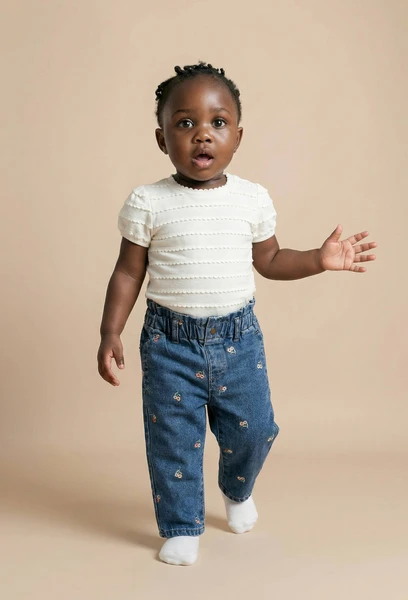 Jean taille élastique brodé en coton BIO GOTS